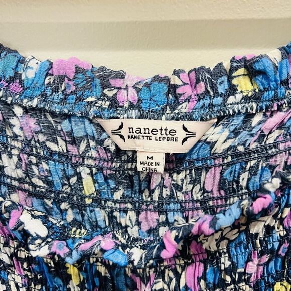 Nanette Lepore Blue floral retro Short sleeve top blouse size medium - Picture 5 of 8